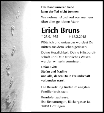 Traueranzeige von Erich Bruns von Göttinger Tageblatt