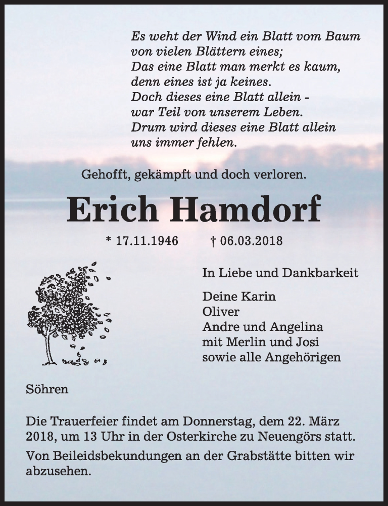 Traueranzeige für Erich Harndorf vom 09.03.2018 aus Kieler Nachrichten