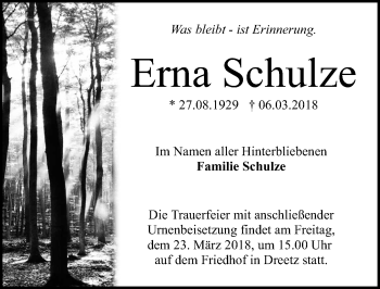 Traueranzeige von Erna Schulze von Märkischen Allgemeine Zeitung