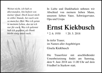 Traueranzeige von Ernst Kiekbusch von Ostsee-Zeitung GmbH