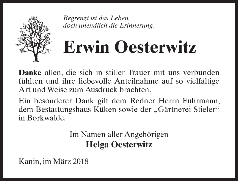  Traueranzeige für Erwin Oesterwitz vom 24.03.2018 aus Märkischen Allgemeine Zeitung