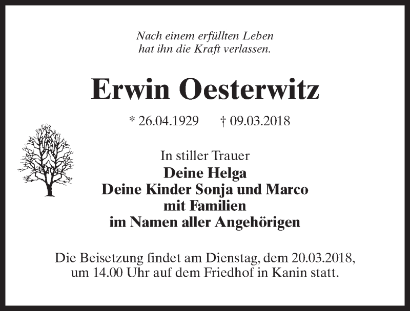  Traueranzeige für Erwin Oesterwitz vom 17.03.2018 aus Märkischen Allgemeine Zeitung