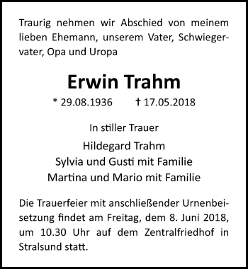 Traueranzeige von Erwin Trahm von Ostsee-Zeitung GmbH