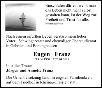Traueranzeige von Eugen Franz von Hannoversche Allgemeine Zeitung/Neue Presse