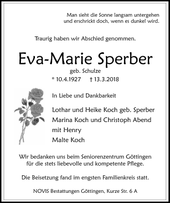 Traueranzeige von Eva-Marie Sperber von Göttinger Tageblatt
