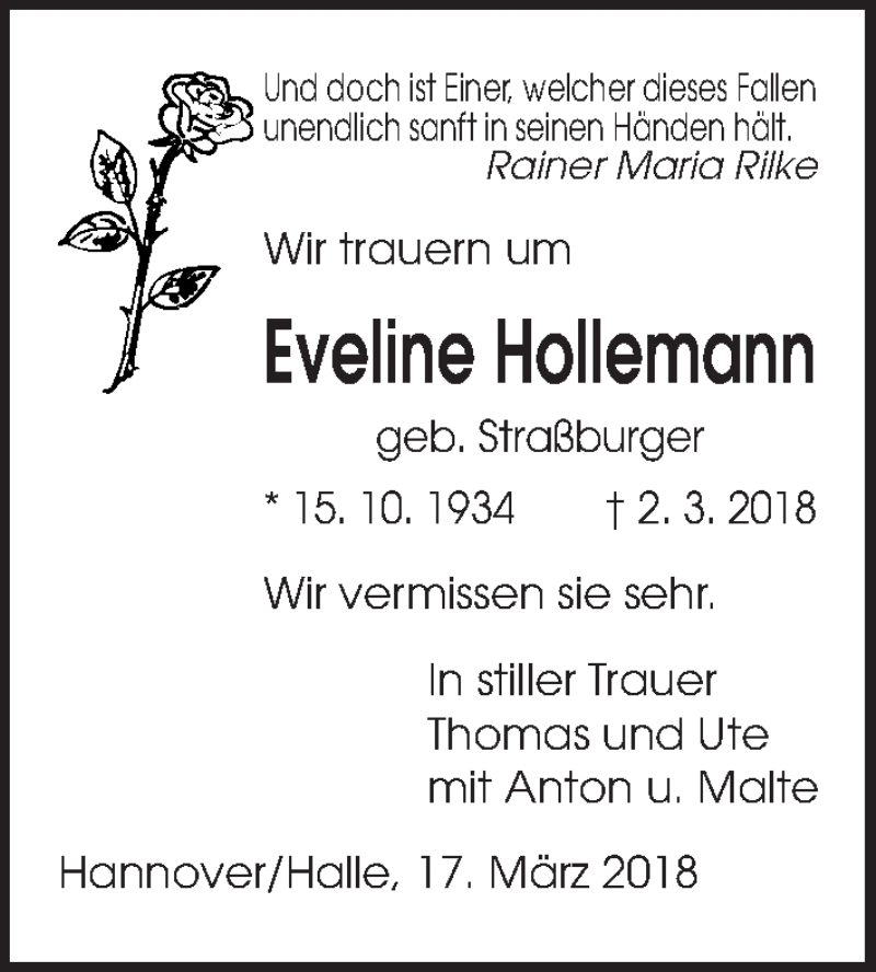  Traueranzeige für Eveline Hollemann vom 17.03.2018 aus Hannoversche Allgemeine Zeitung/Neue Presse