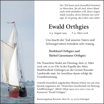 Traueranzeige von Ewald Orthgies von Göttinger Tageblatt