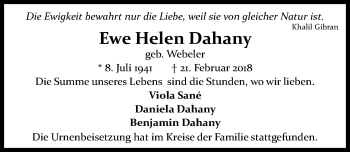 Traueranzeige von Ewe Helen Dahany von Hannoversche Allgemeine Zeitung/Neue Presse