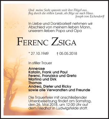 Traueranzeige von Ferenc Zsiga von Märkischen Allgemeine Zeitung
