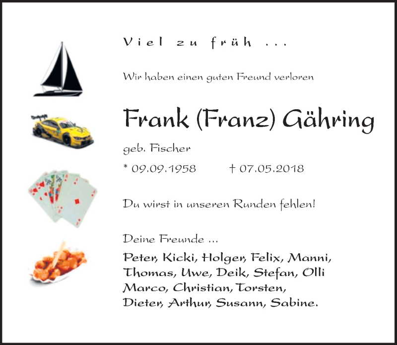  Traueranzeige für Frank Gähring vom 19.05.2018 aus Hannoversche Allgemeine Zeitung/Neue Presse