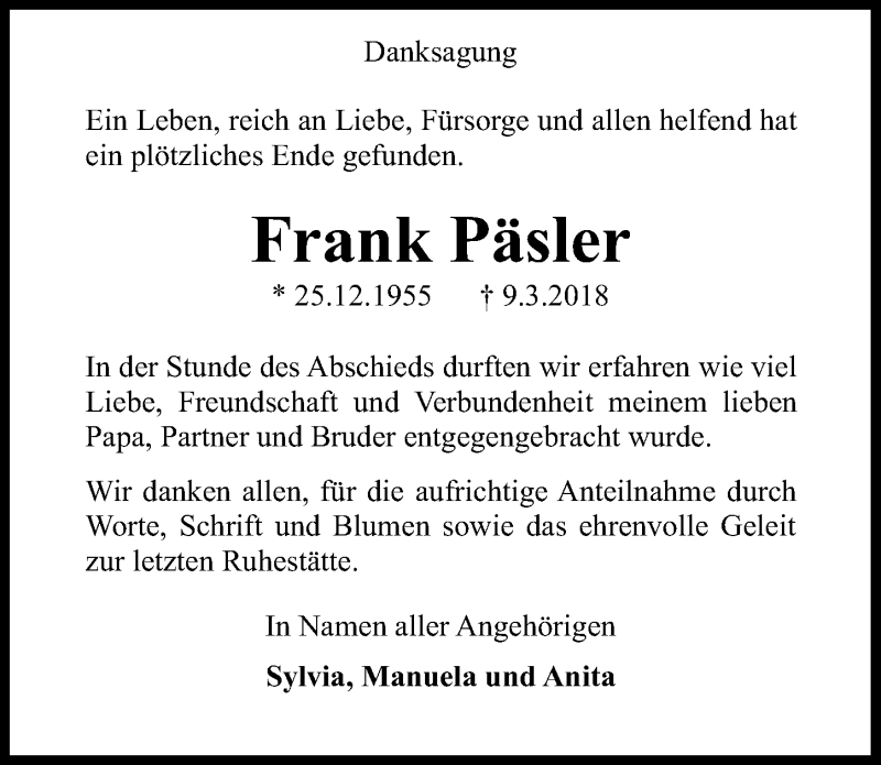  Traueranzeige für Frank Päsler vom 21.04.2018 aus Märkischen Allgemeine Zeitung