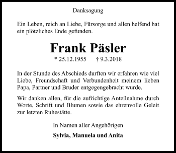 Traueranzeige von Frank Päsler von Märkischen Allgemeine Zeitung