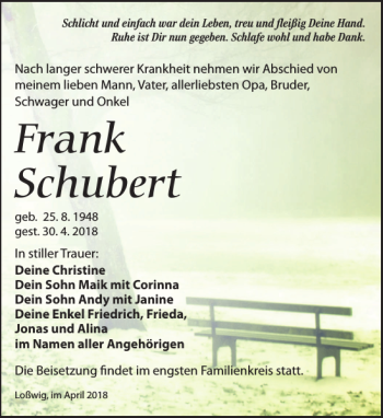 Traueranzeige von Frank Schubert von Torgauer Zeitung