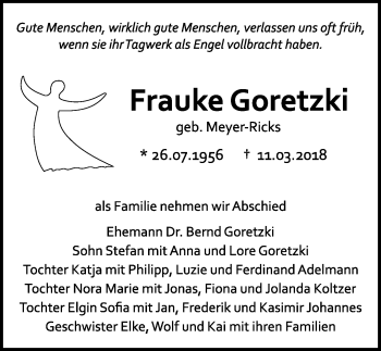 Traueranzeige von Frauke Goretzki von Märkischen Allgemeine Zeitung
