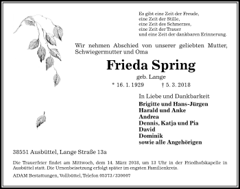 Traueranzeige von Frieda Spring von Aller Zeitung