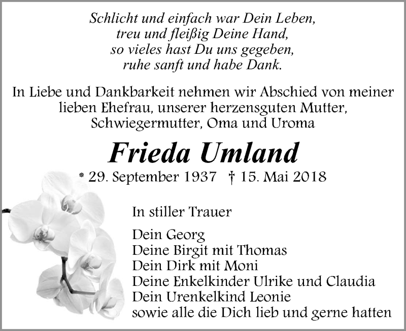  Traueranzeige für Frieda Umland vom 26.05.2018 aus Ostsee-Zeitung GmbH