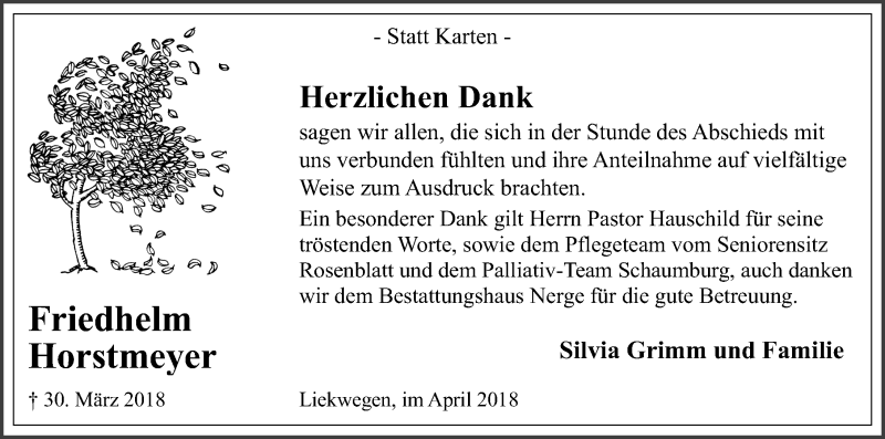  Traueranzeige für Friedhelm Horstmeyer vom 21.04.2018 aus Schaumburger Nachrichten