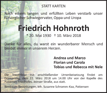 Traueranzeige von Friedrich Hohnroth von Hannoversche Allgemeine Zeitung/Neue Presse