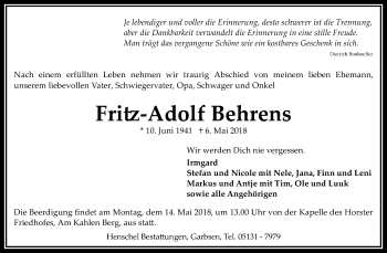 Traueranzeige von Fritz-Adolf Behrens von Hannoversche Allgemeine Zeitung/Neue Presse