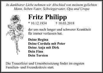 Traueranzeige von Fritz Philipp von Märkischen Allgemeine Zeitung