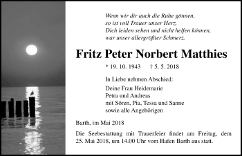 Traueranzeige von Fritz Peter Norbert Matthies von Ostsee-Zeitung GmbH
