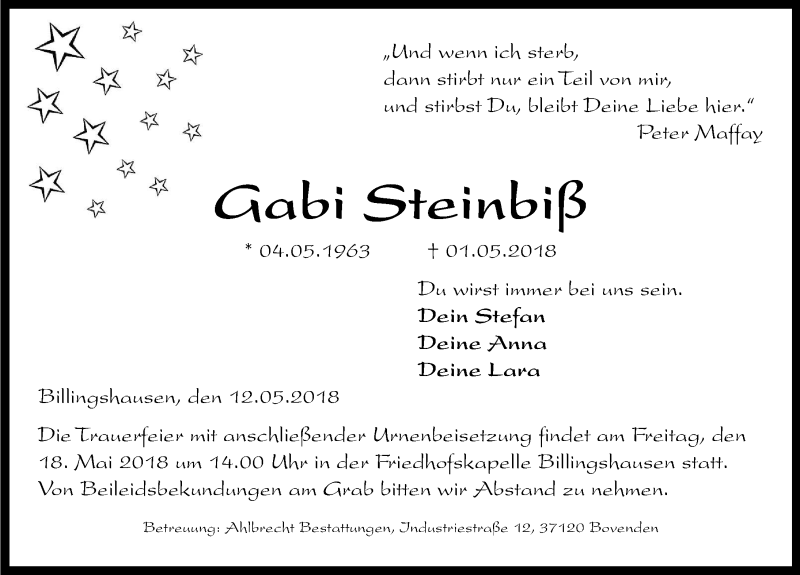  Traueranzeige für Gabi Steinbiß vom 12.05.2018 aus Göttinger Tageblatt