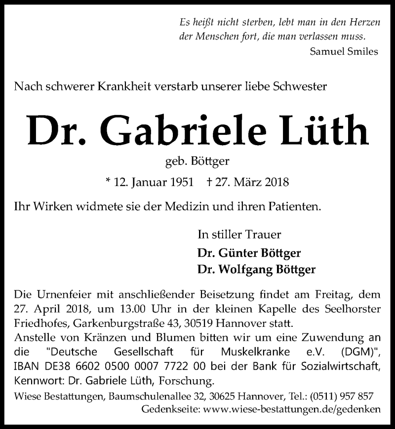  Traueranzeige für Gabriele Lüth vom 21.04.2018 aus Hannoversche Allgemeine Zeitung/Neue Presse