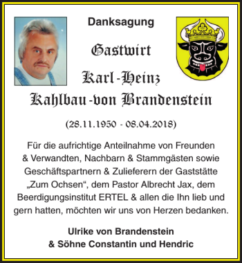 Traueranzeige von Gastwirt Karl-Heinz Kahlbau-von Brandenstein von Ostsee-Zeitung