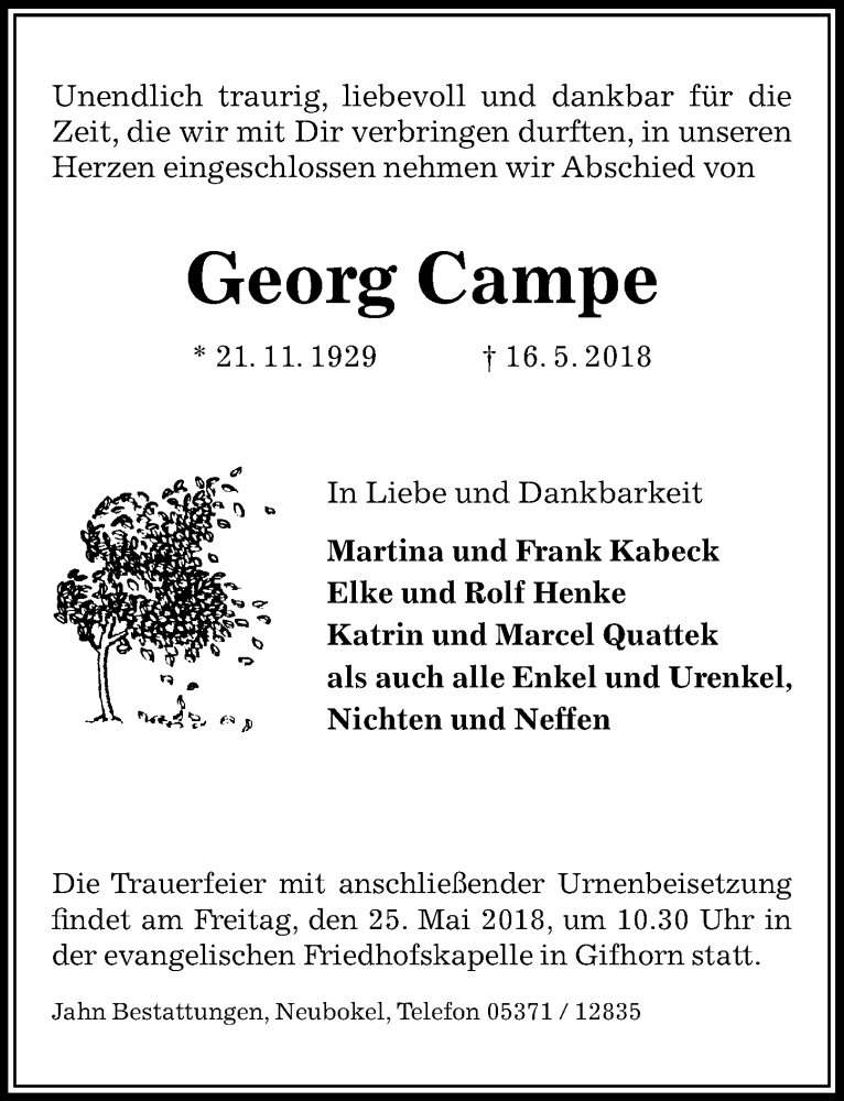  Traueranzeige für Georg Campe vom 22.05.2018 aus Aller Zeitung