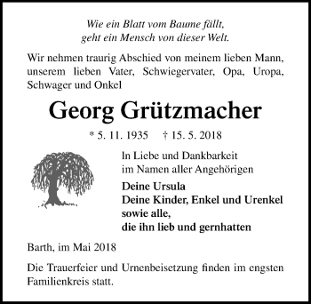 Traueranzeige von Georg Grützmacher von Ostsee-Zeitung GmbH