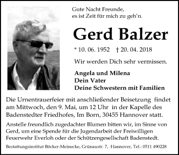 Traueranzeige von Gerd Balzer von Hannoversche Allgemeine Zeitung/Neue Presse