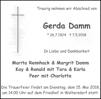 Traueranzeige von Gerda Damm von Märkischen Allgemeine Zeitung