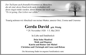 Traueranzeige von Gerda David von Ostsee-Zeitung GmbH