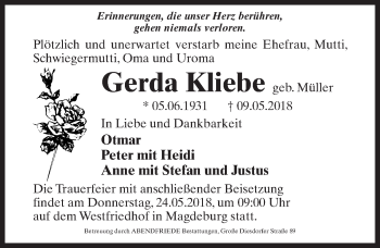 Traueranzeige von Gerda Kliebe von Märkischen Allgemeine Zeitung