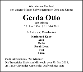 Traueranzeige von Gerda Otto von Kieler Nachrichten