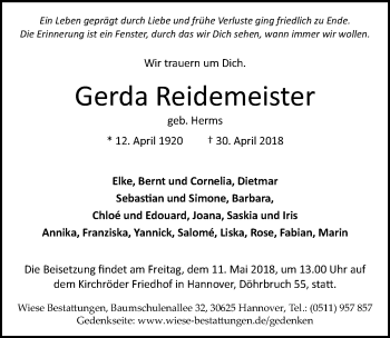 Traueranzeige von Gerda Reidemeister von Hannoversche Allgemeine Zeitung/Neue Presse