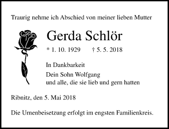 Traueranzeige von Gerda Schlör von Ostsee-Zeitung GmbH