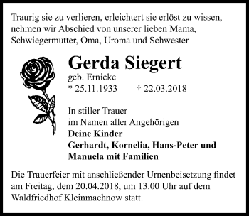 Traueranzeige von Gerda Siegert von Märkischen Allgemeine Zeitung