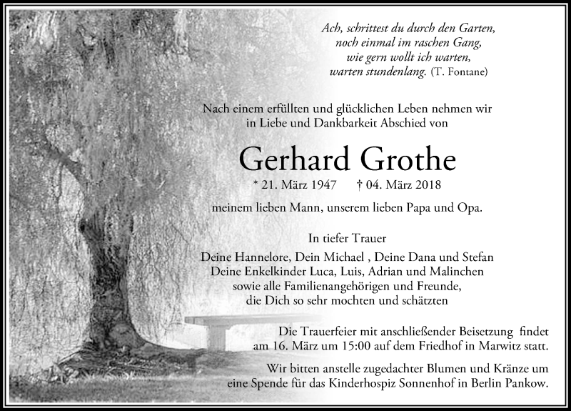  Traueranzeige für Gerhard Grothe vom 10.03.2018 aus Märkischen Allgemeine Zeitung