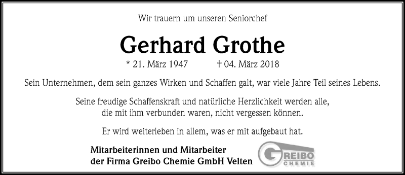  Traueranzeige für Gerhard Grothe vom 10.03.2018 aus Märkischen Allgemeine Zeitung