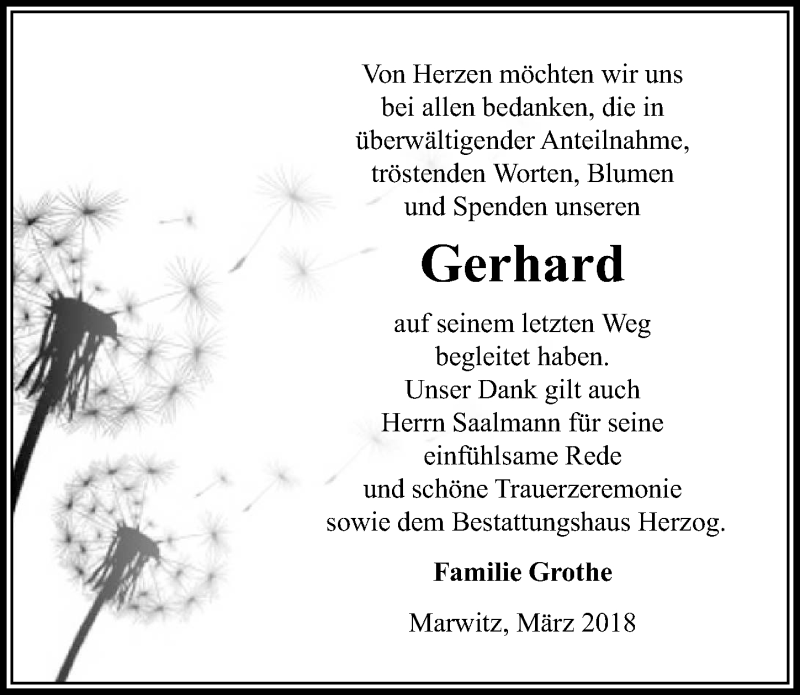  Traueranzeige für Gerhard Grothe vom 24.03.2018 aus Märkischen Allgemeine Zeitung
