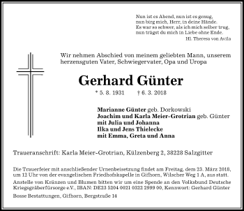 Traueranzeige von Gerhard Günter von Aller Zeitung
