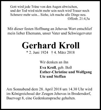 Traueranzeige von Gerhard Kroll von Kieler Nachrichten