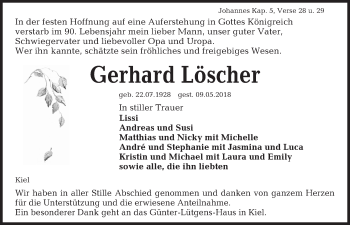 Traueranzeige von Gerhard Löscher von Kieler Nachrichten