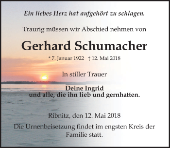 Traueranzeige von Gerhard Schumacher von Ostsee-Zeitung GmbH
