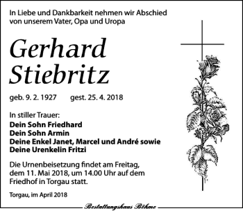 Traueranzeige von Gerhard Stiebritz von Torgauer Zeitung