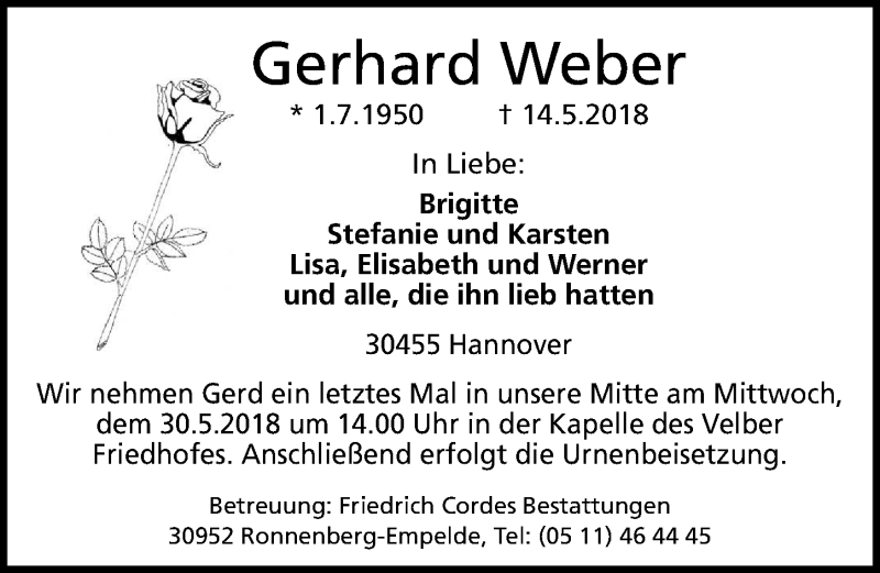  Traueranzeige für Gerhard Weber vom 26.05.2018 aus Hannoversche Allgemeine Zeitung/Neue Presse