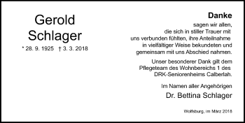 Traueranzeige von Gerold Schlager von Aller Zeitung