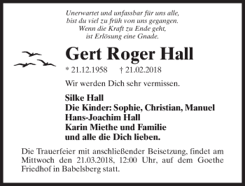 Traueranzeige von Gert Roger Hall von Märkischen Allgemeine Zeitung