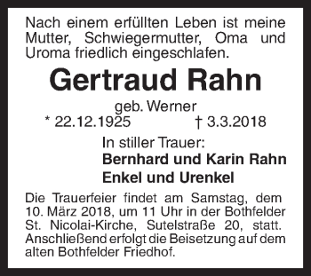 Traueranzeige von Gertraud Rahn von Hannoversche Allgemeine Zeitung/Neue Presse